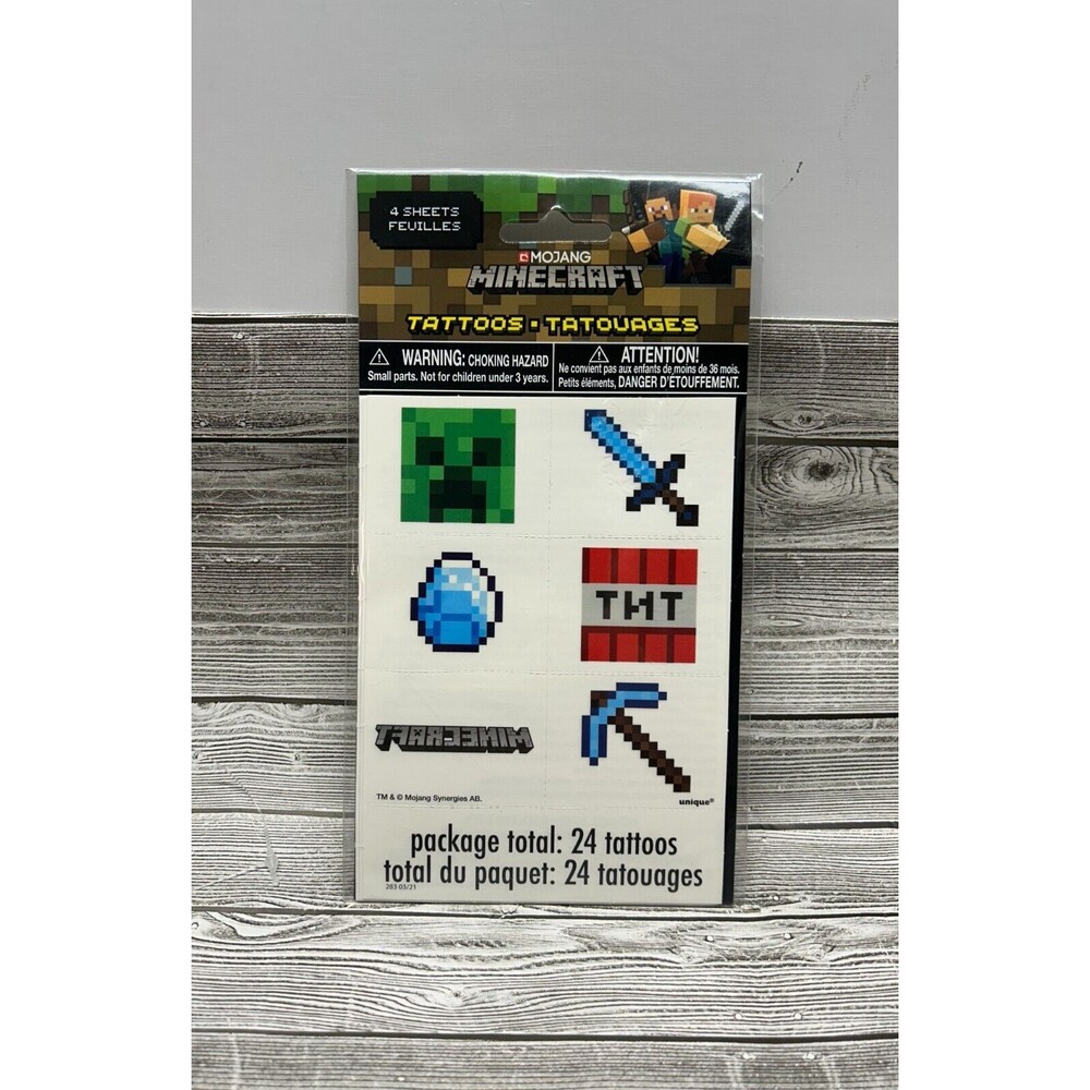 Minecraft -Temporary Tattoos- 4 Sheets of 6 Designs-24 Total Tattoo's-Birthday!